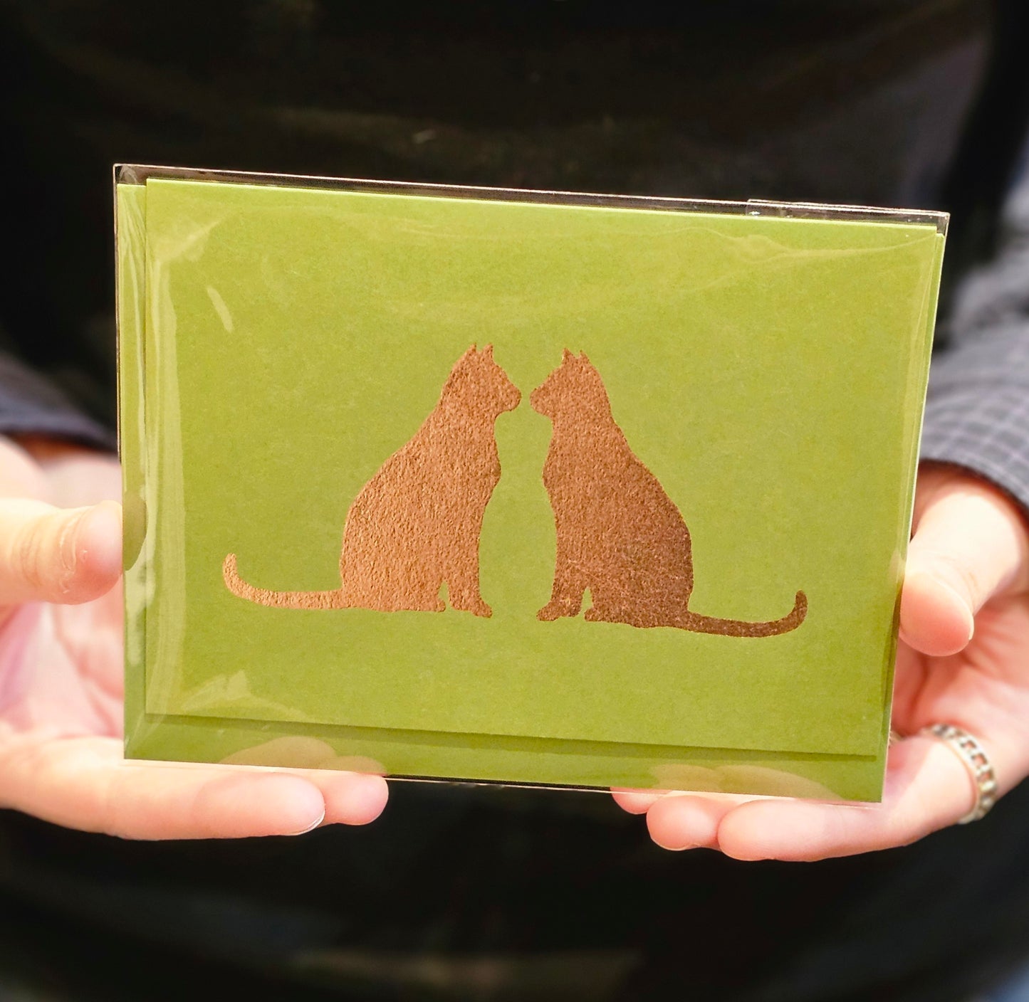 Seated Cats Copper Leaf on Gumdrop Green Greeting Card