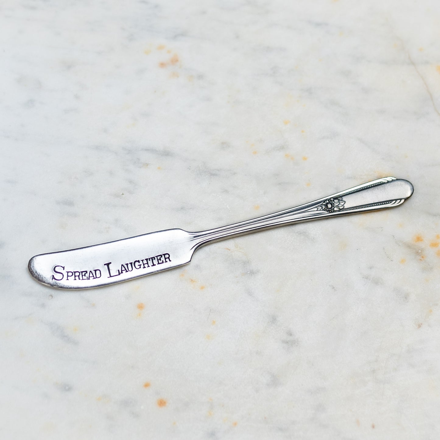 Spread Laughter Silver Plate Spreader Hand Stamped