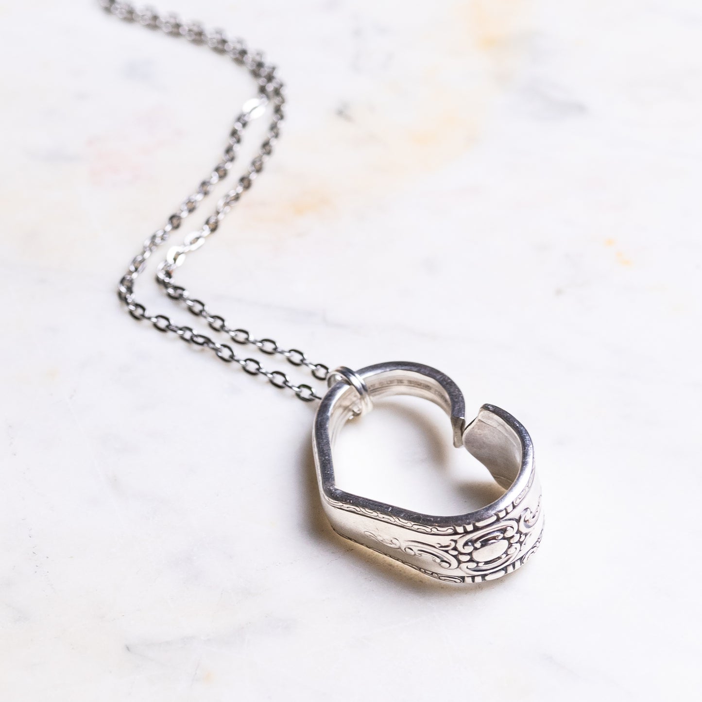 Hand Bent Heart Necklace - with Custom Text inside - Silver Plate Cutlery