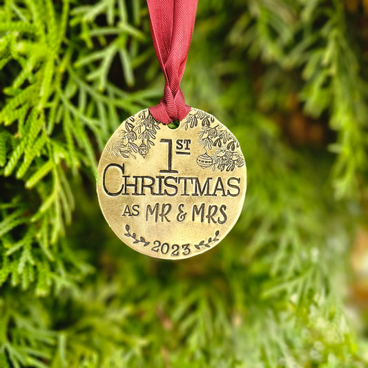 1st Christmas as Mr. & Mrs. Hand Stamped Brass Ornament