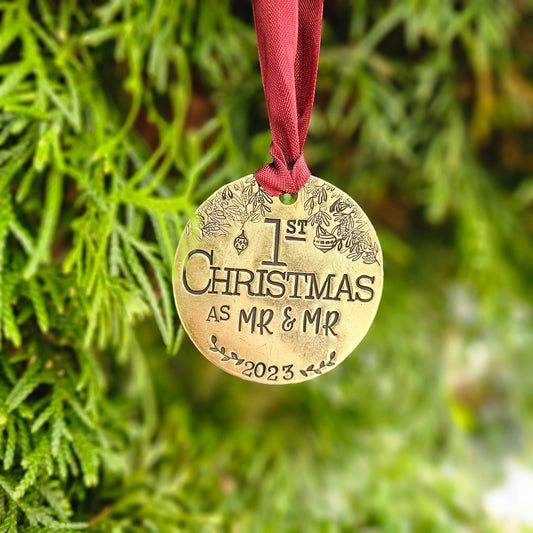 1st Christmas as Mr. & Mr. Hand Stamped Brass Ornament