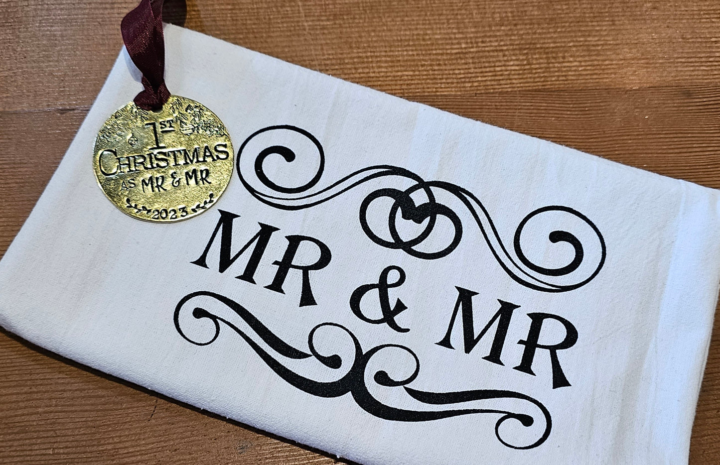 1st Christmas as Mr. & Mr. Hand Stamped Brass Ornament