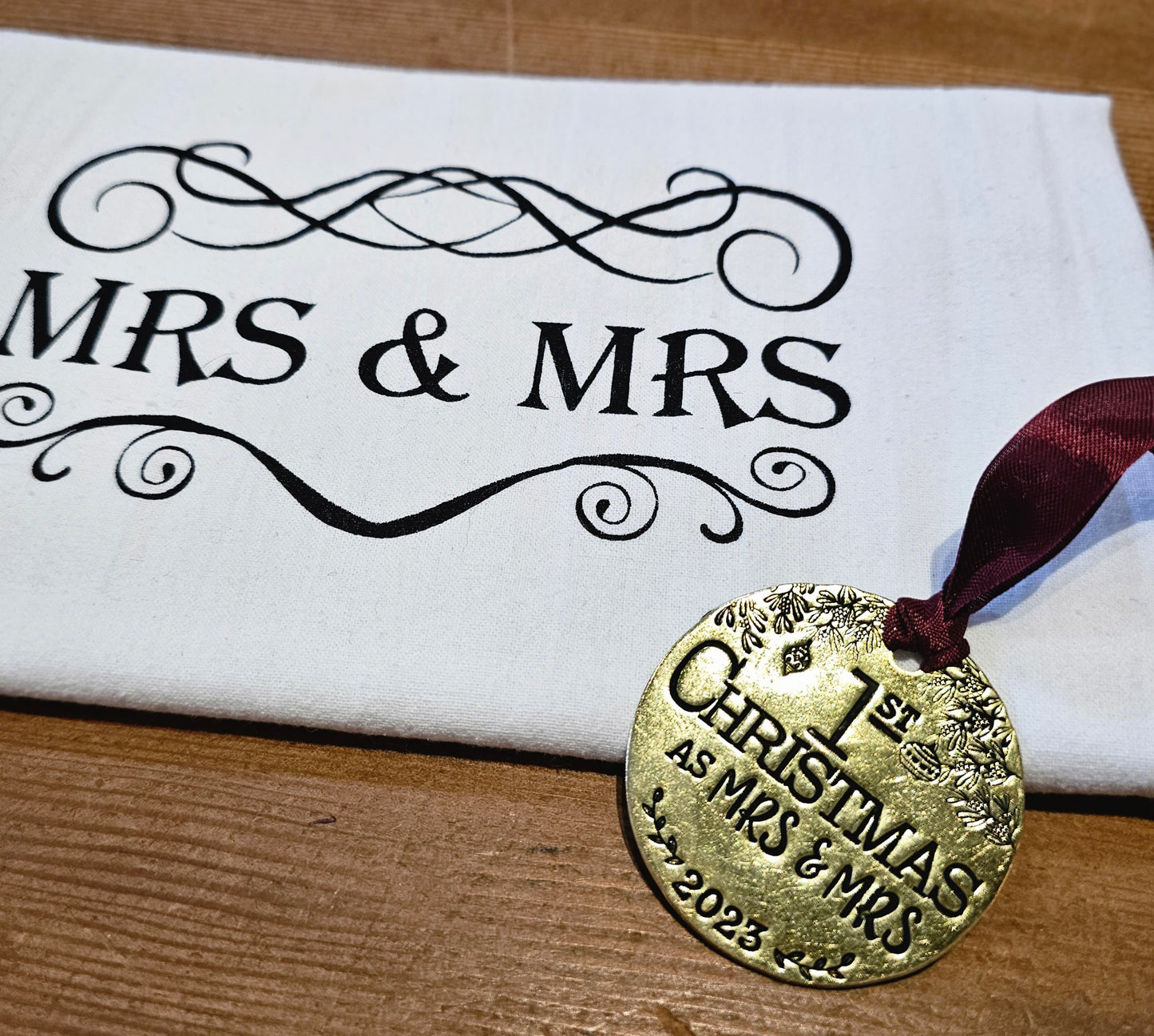 1st Christmas as Mrs. & Mrs. Hand Stamped Brass Ornament