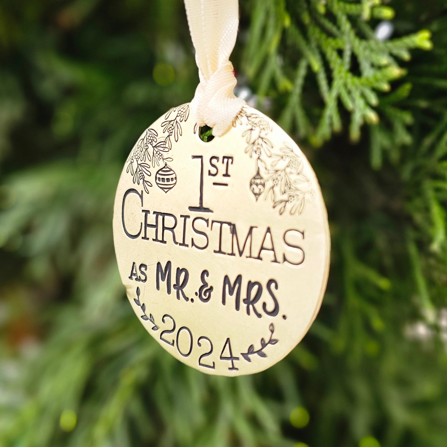 1st Christmas as Mr. & Mrs. Hand Stamped Brass Ornament 2024