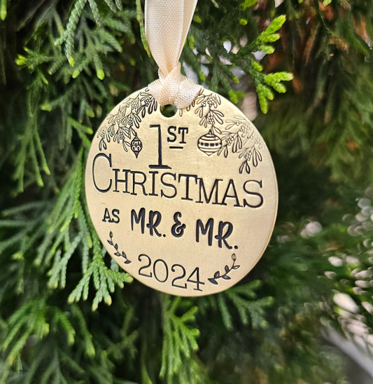 1st Christmas as Mr. & Mr. Hand Stamped Brass Ornament 2024