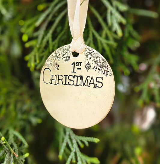 1st Christmas CUSTOMIZEABLE Hand Stamped Brass Ornament New baby * New home * Newly married