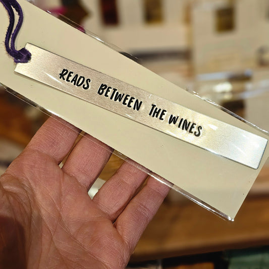 READS BETWEEN THE WINES Hand Stamped Aluminum Book Mark with Leather Bookmark