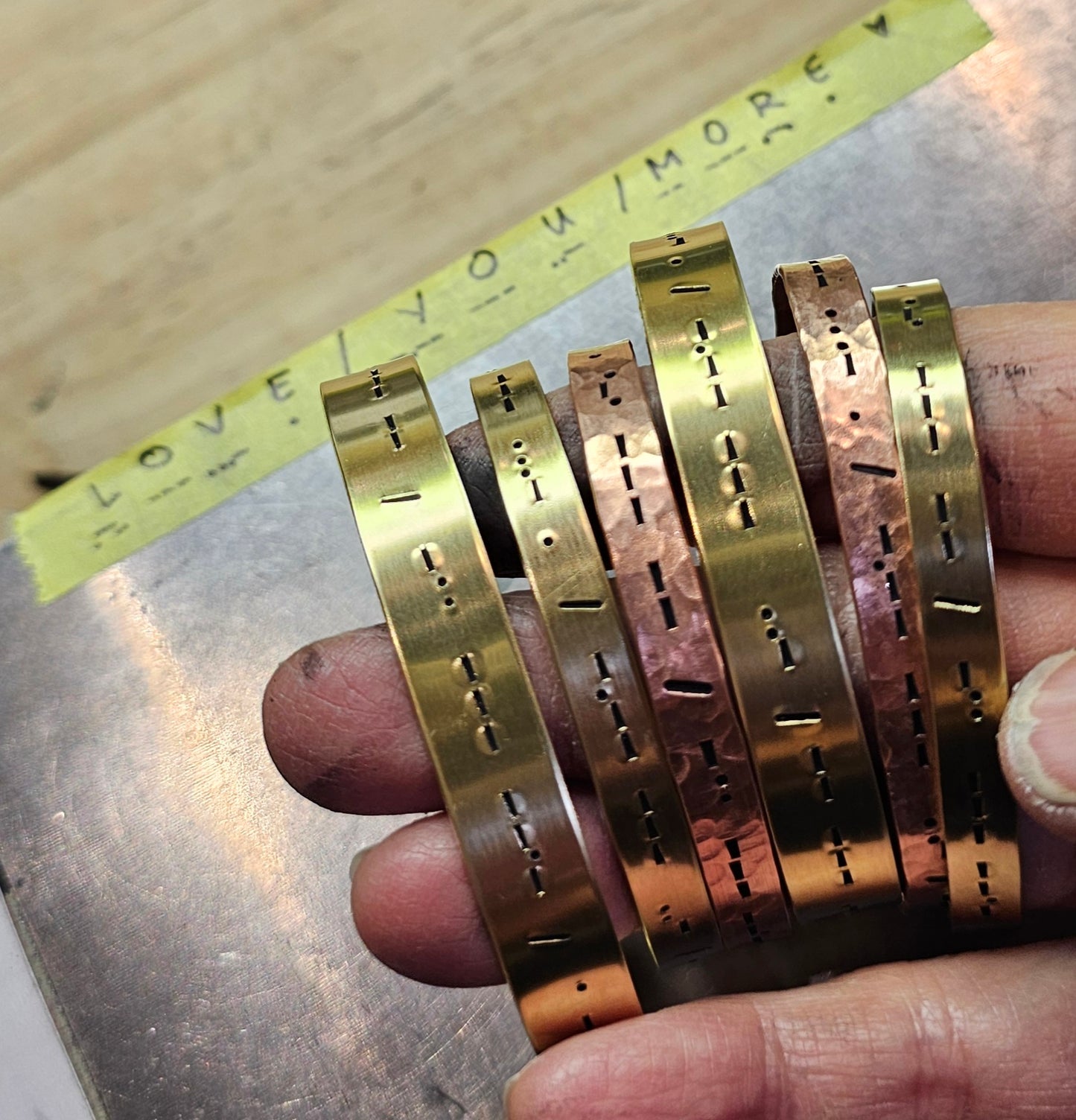 Love You More - Morse Code Stamped Bracelet - Brass 3/8"