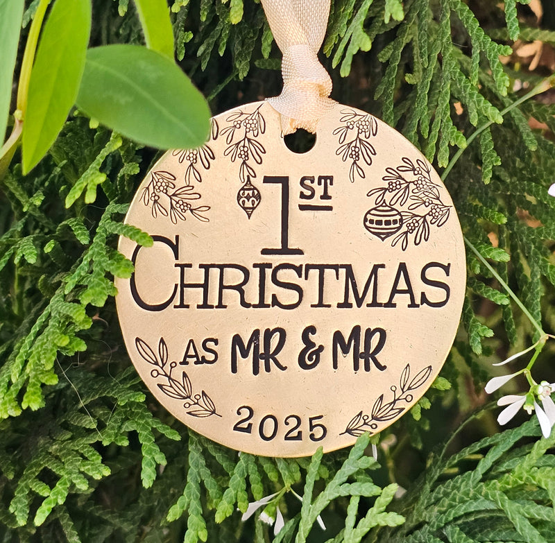 1st Christmas as Mr. & Mr. Hand Stamped Brass Ornament 2025