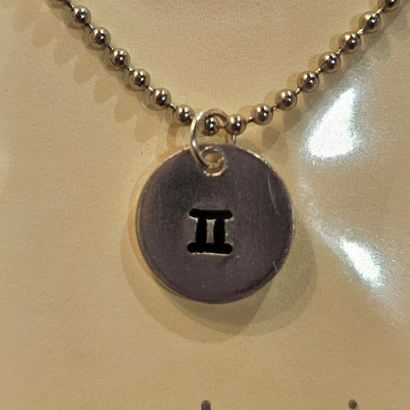 Gemini Zodiac Sign Hand Stamped Necklace on 18" mini ball chain