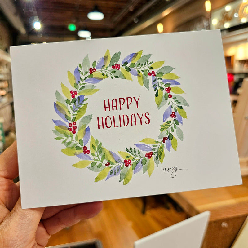 Happy Holidays Watercolor Wreath Greeting Card