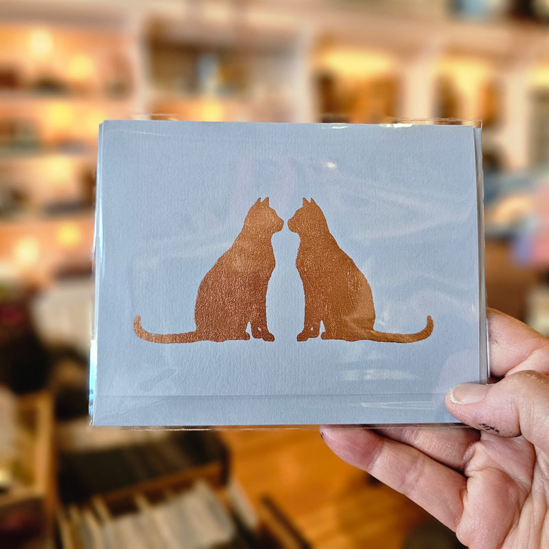 Seated Cats Copper Leaf on Moss Greeting Card