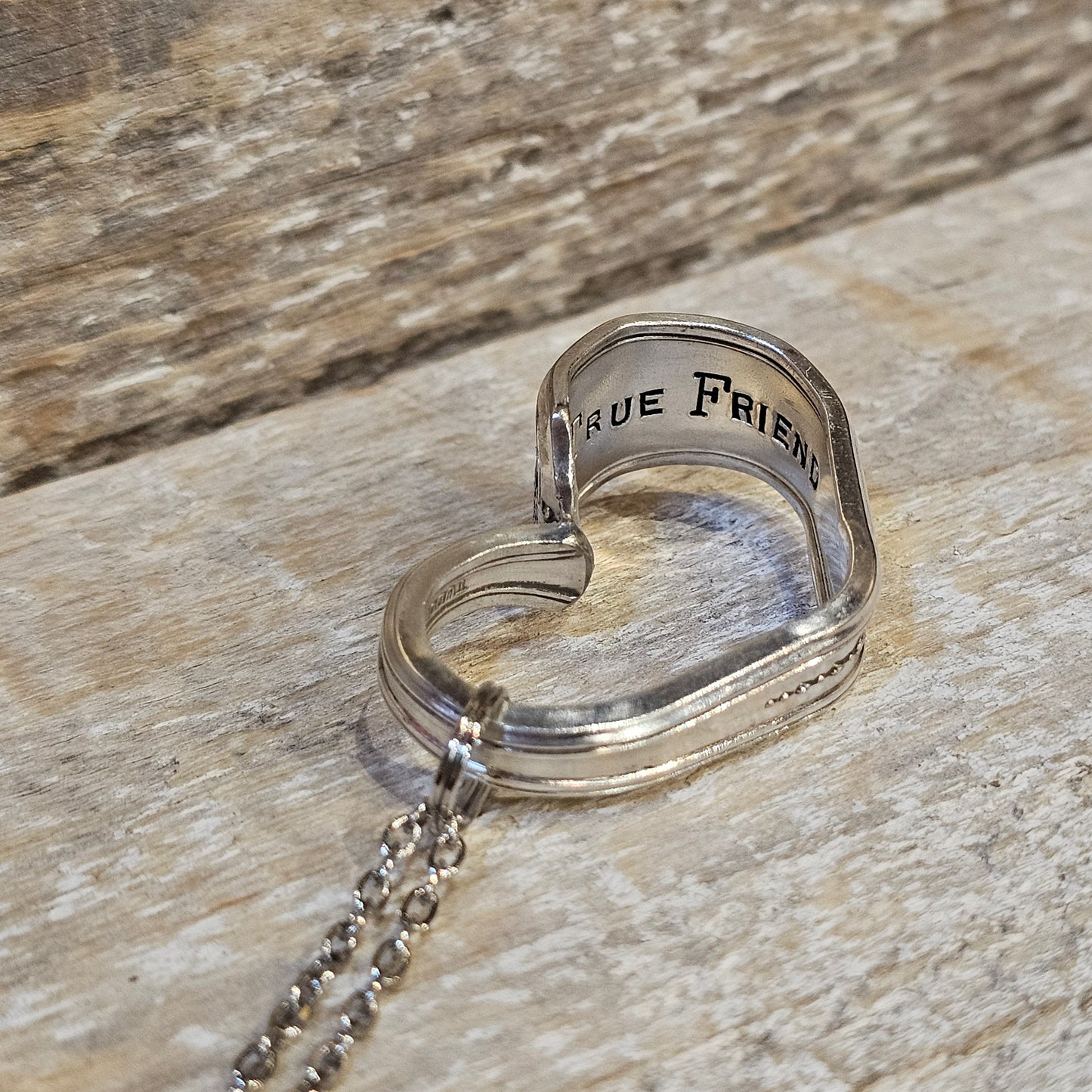 Hand Bent Heart Necklace - with Custom Text inside - Silver Plate Cutlery