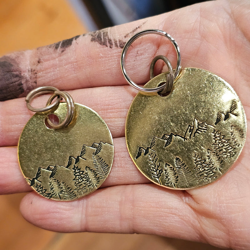 Pet Tag Small or Large - Hand Stamped Brass - Mountains Trees