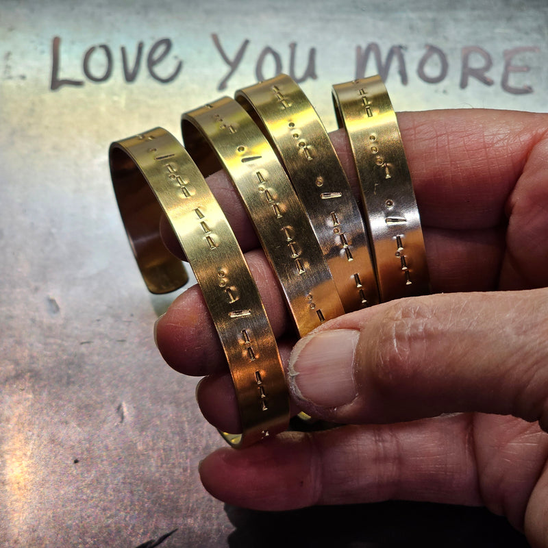 Love You More - Morse Code Stamped Bracelet - Brass 3/8"