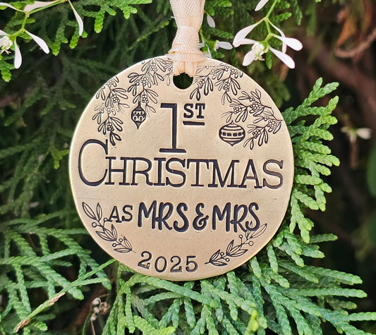 1st Christmas as Mrs. & Mrs. Hand Stamped Brass Ornament 2025