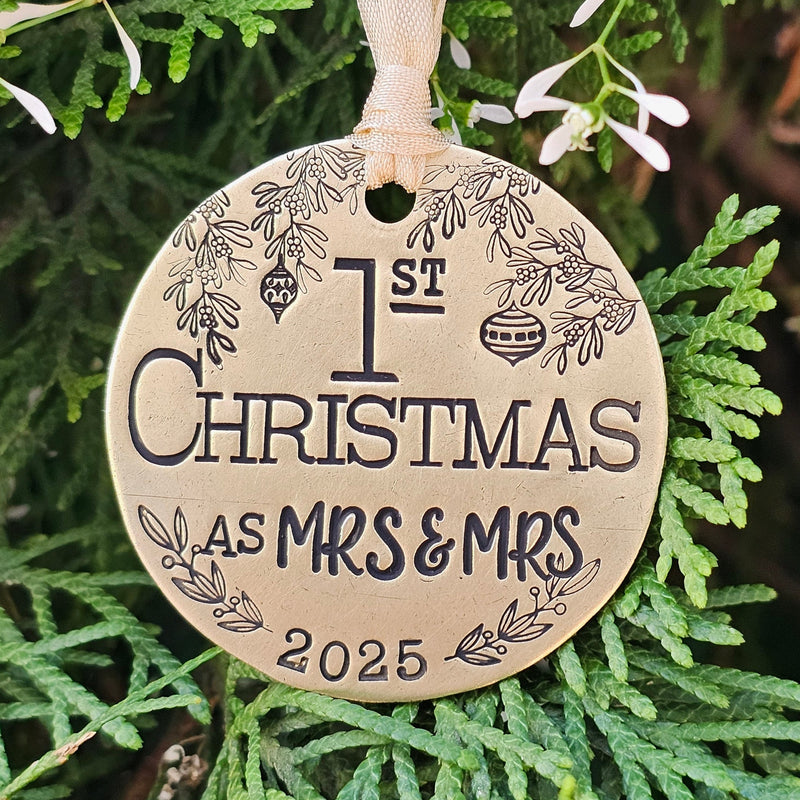 1st Christmas as Mrs. & Mrs. Hand Stamped Brass Ornament 2025