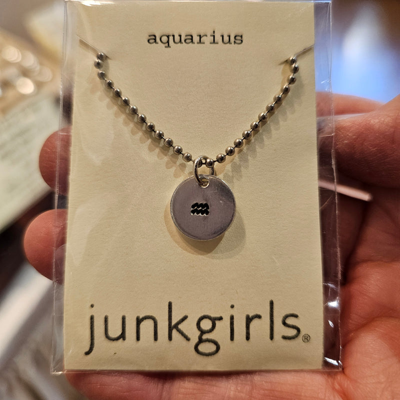 Aquarius Zodiac Sign Hand Stamped Necklace on 18" mini ball chain