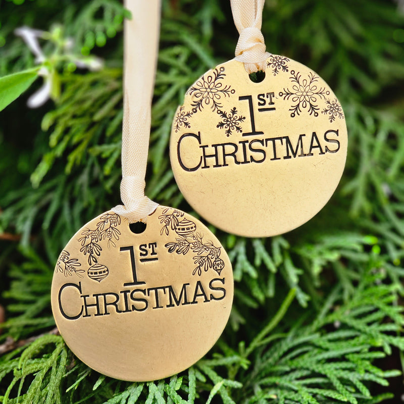 1st Christmas CUSTOMIZE IT! Hand Stamped Brass Ornament New baby * New home * New State