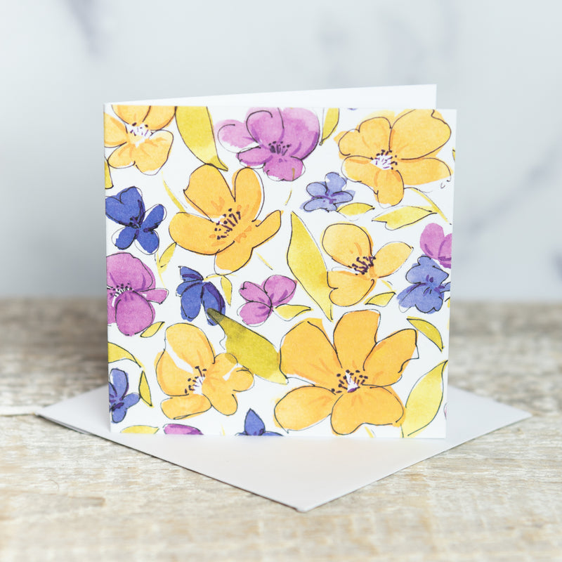Purple Yellow & Blue Flowers 3x3 Gift Card by M. E. James
