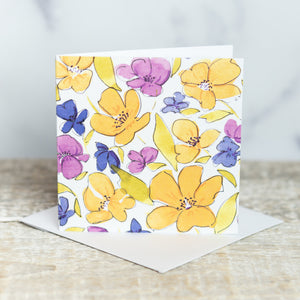 Purple Yellow & Blue Flowers by M. E. James 3x3 Gift Card 3x3
