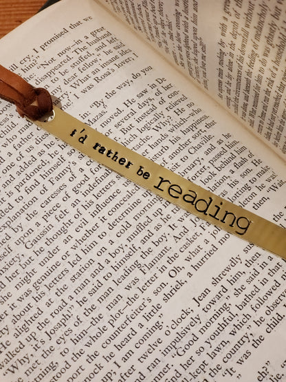 I'D RATHER BE READING Hand Stamped Brass Book Mark with Leather