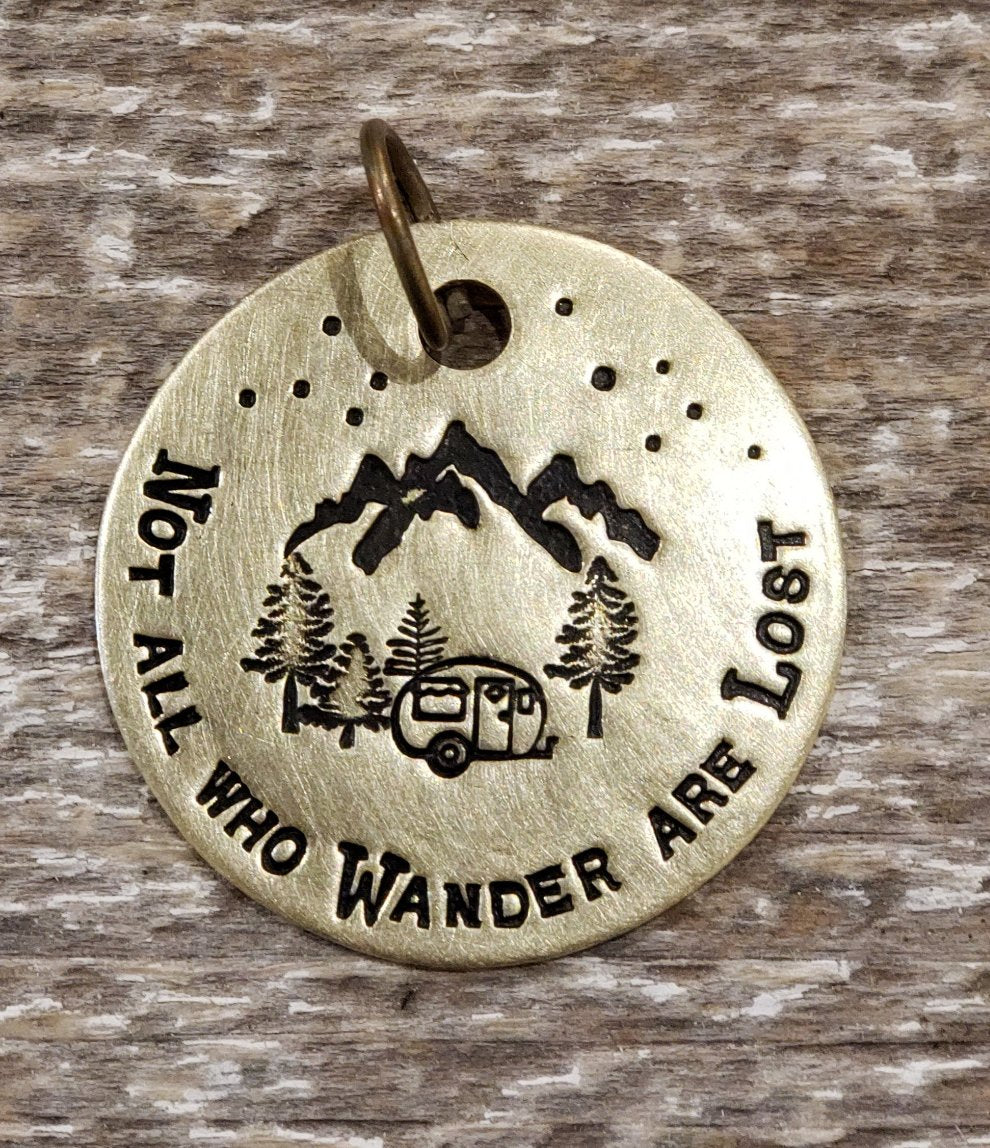 Not All Who Wander Are Lost - Mountains, Trees & Camper Hand Stamped Brass