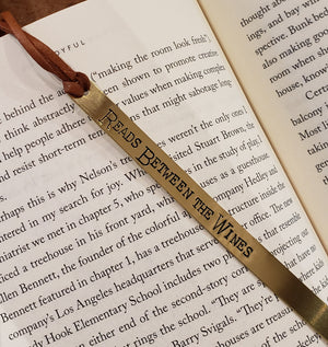 READS BETWEEN THE WINES Hand Stamped Brass Book Mark with Leather Bookmark