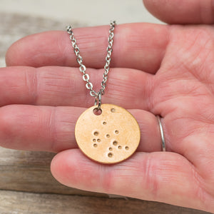 Aquarius Zodiac Constellation Hand Stamped Repurposed Brass Necklace on 20" Chain