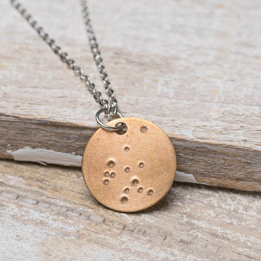 Aquarius Zodiac Constellation Hand Stamped Repurposed Brass Necklace on 20" Chain