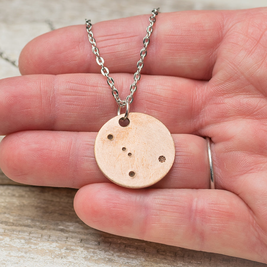 Cancer Zodiac Constellation Hand Stamped Repurposed Brass Necklace on 20" chain