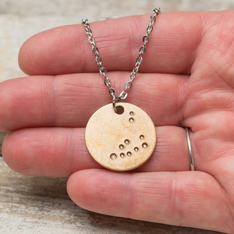 Capricorn Zodiac Constellation Hand Stamped Repurposed Brass Necklace on 20" chain