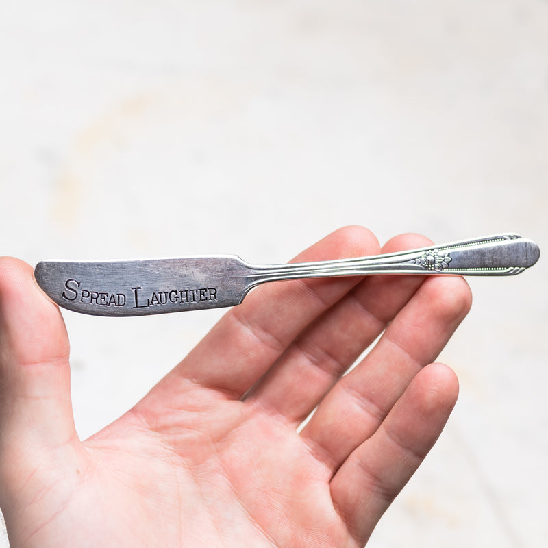 Spread Laughter Silver Plate Spreader Hand Stamped