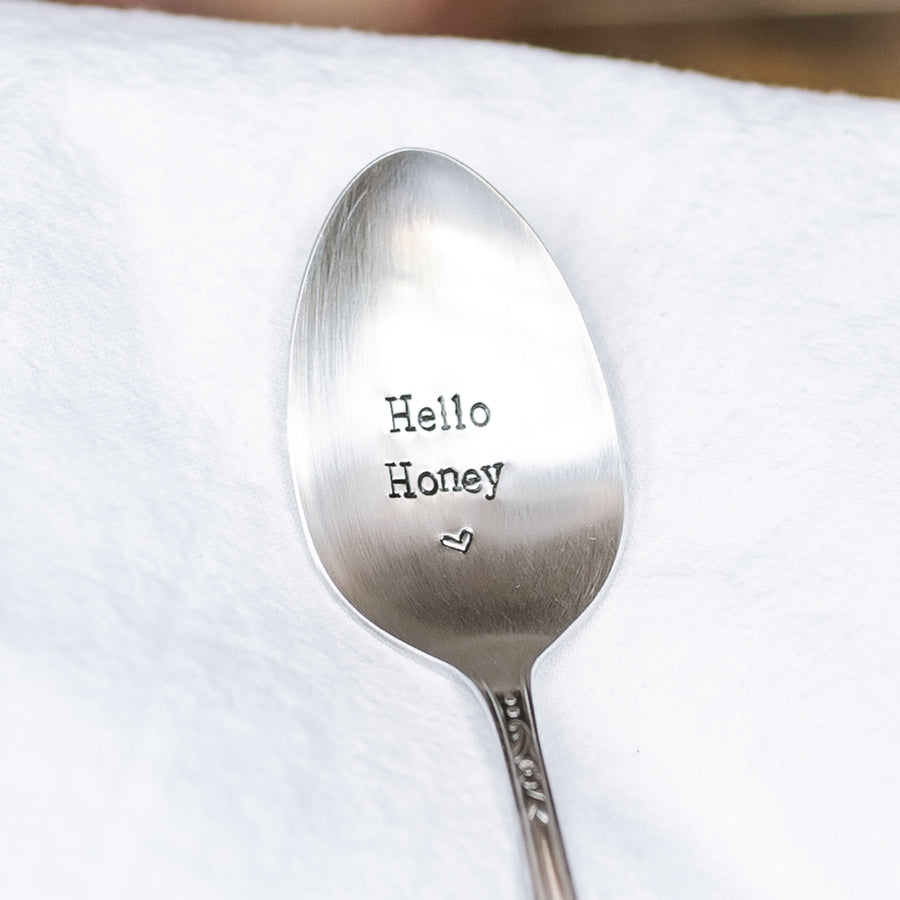 Hello Honey - Hand Stamped Vintage Silver Plate Spoon