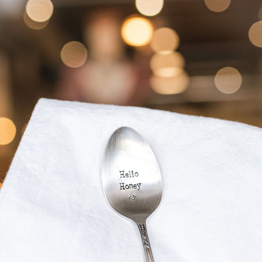 Hello Honey - Hand Stamped Vintage Silver Plate Spoon