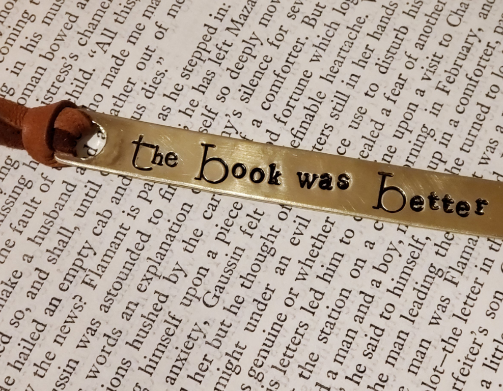 THE BOOK WAS BETTER Hand Stamped Brass Book Mark with Leather Bookmark