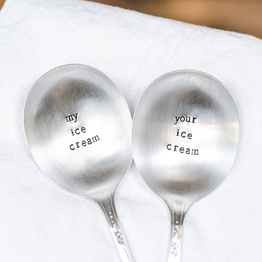 My Ice Cream / Your Ice Cream - Hand Stamped Silver Plate Spoon SET