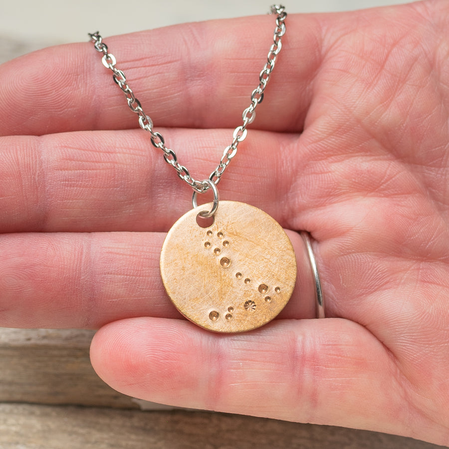 Pisces Zodiac Constellation Hand Stamped Repurposed Brass Necklace on 20" chain