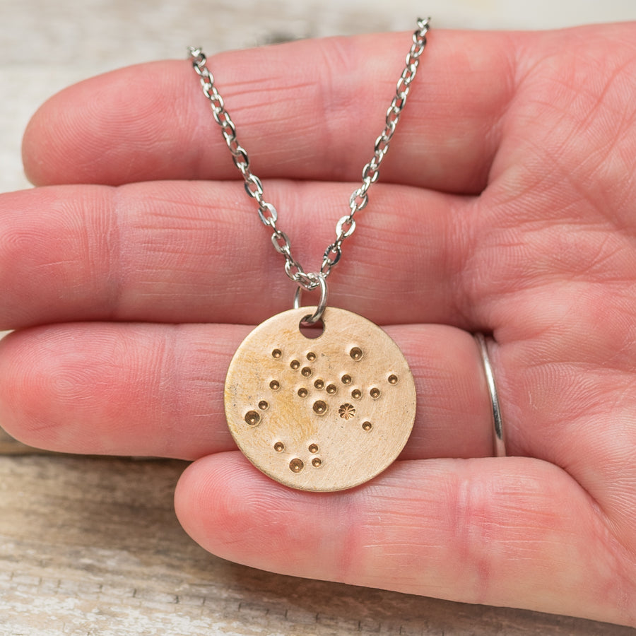 Sagittarius Zodiac Constellation Hand Stamped Repurposed Brass Necklace on 20" chain