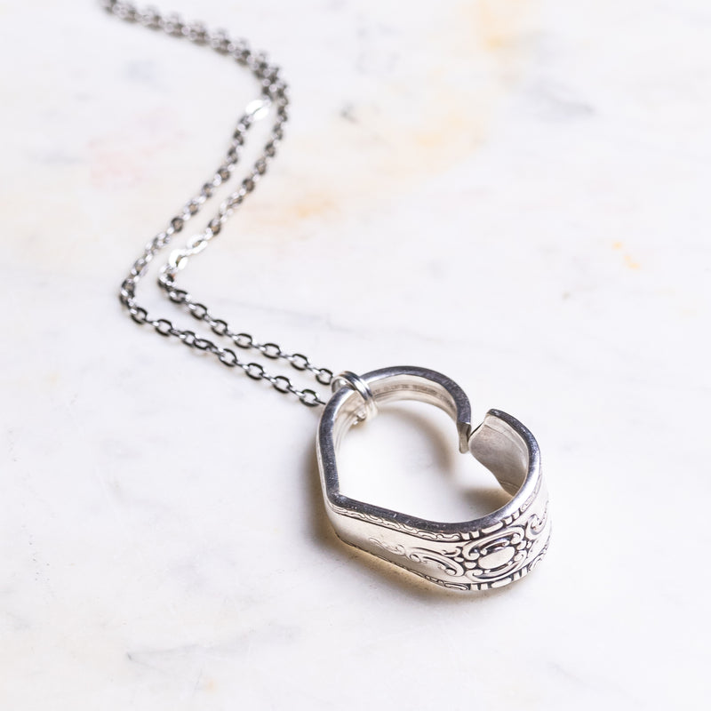 Hand Bent Heart Necklace - with Custom Text inside - Silver Plate Cutlery