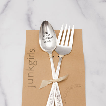 And So The Adventure Begins... - Silver Plate Spoon & Fork Set Hand Stamped