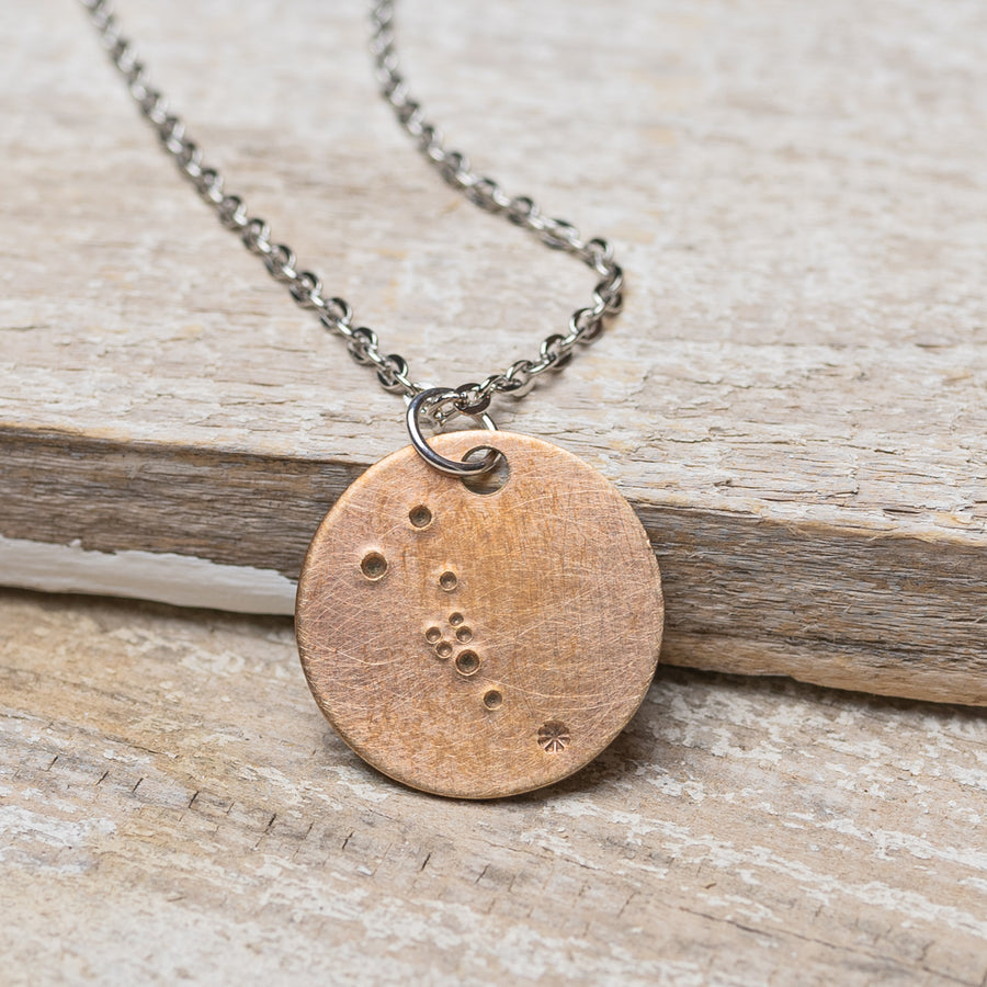 Taurus Zodiac Constellation Hand Stamped Repurposed Brass Necklace on 20" chain