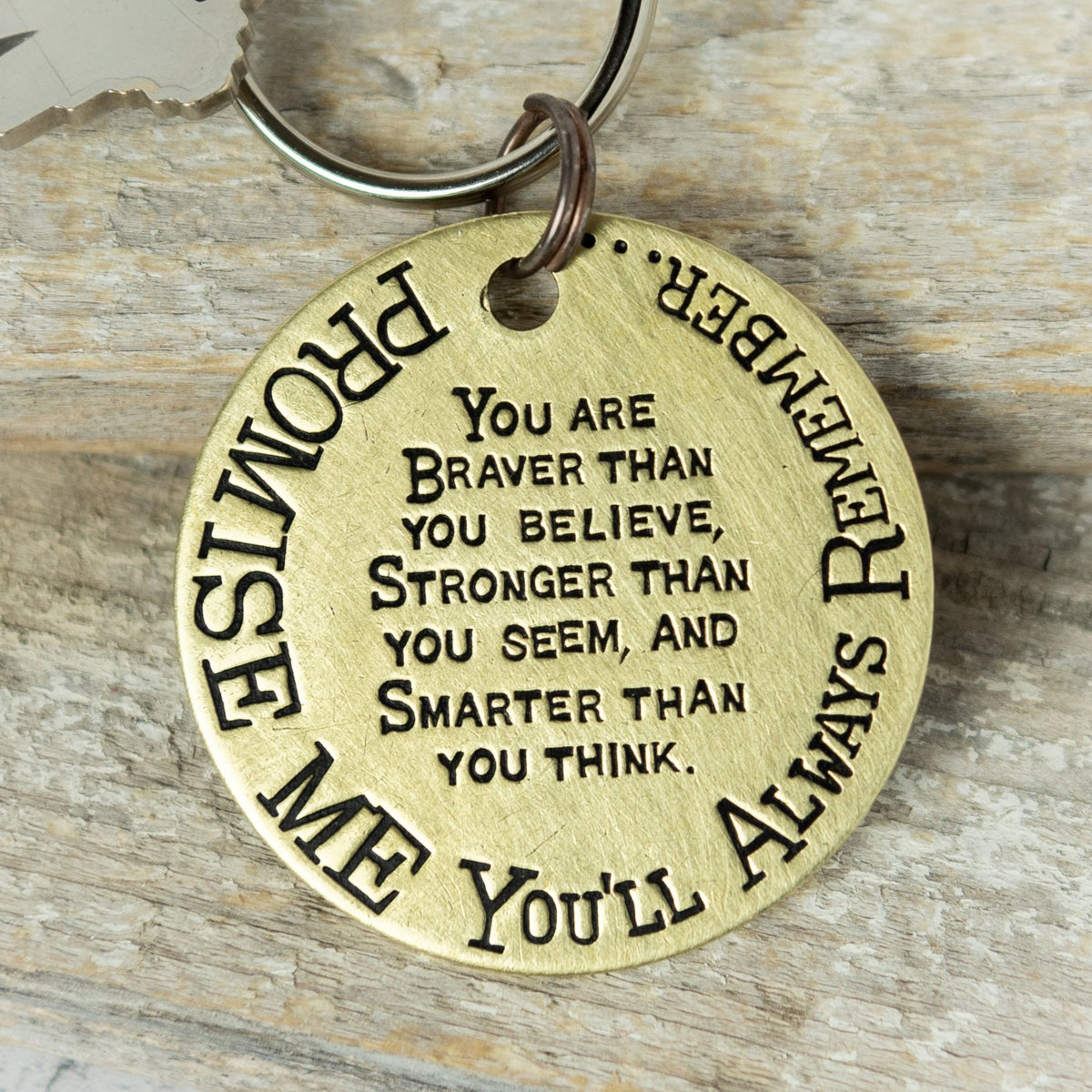 Promise Me You'll Always Remember... Stamped Brass Key ring / Necklace —  The Junk Girls, image size:1200x1200