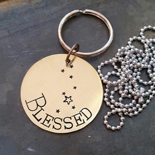 Blessed - Hand Stamped Brass Key Ring Necklace - Stamped 