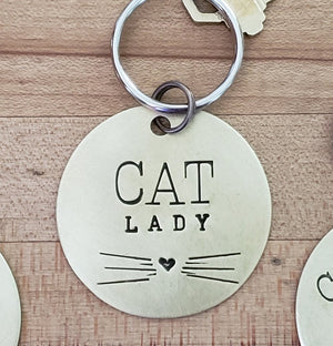 Cat Lover Key Ring Necklace Hand Stamped Customizable - Cat 
