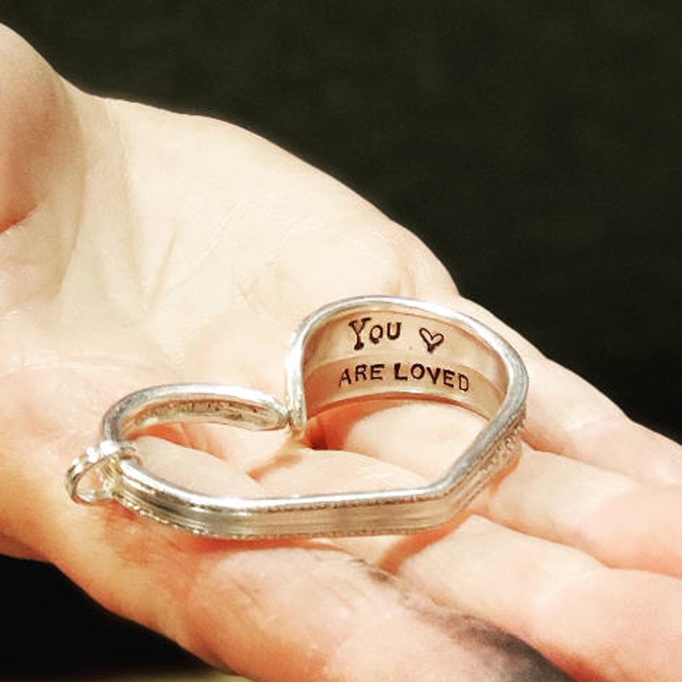 Silver Plate Heart hand stamped with YOU ARE LOVED inside - 