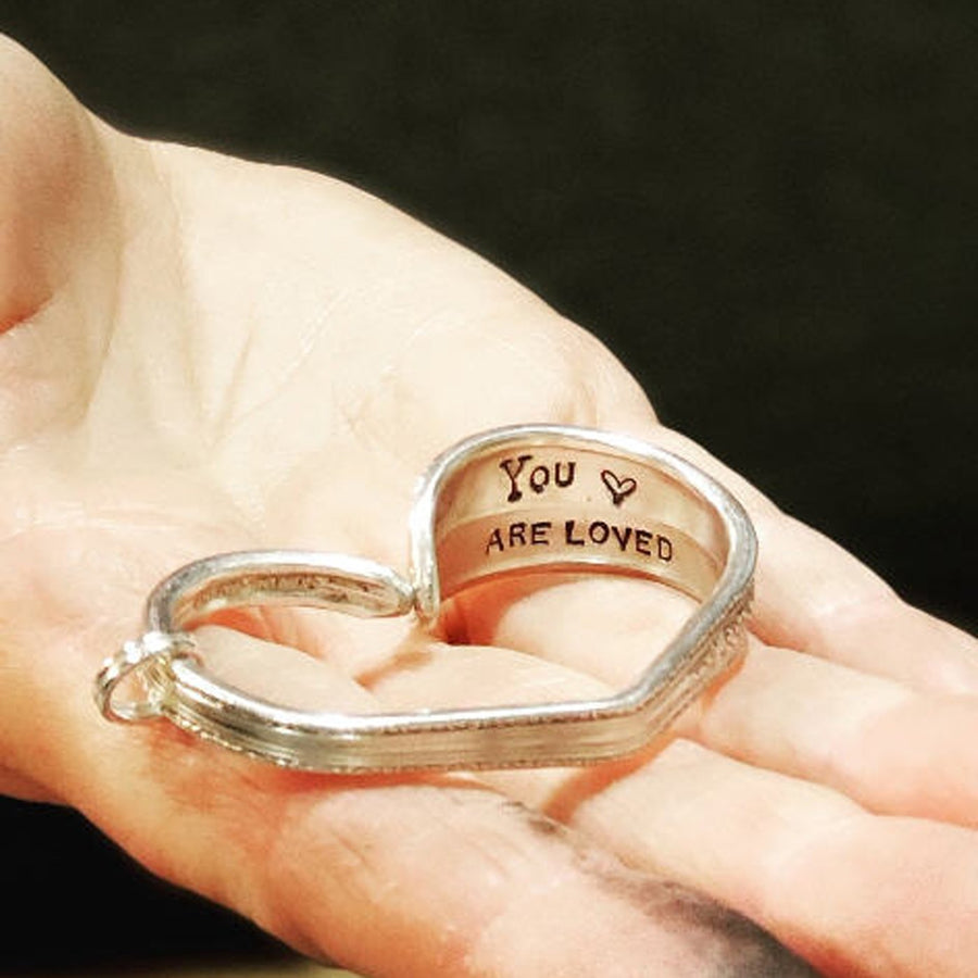 Silver Plate Heart hand stamped with YOU ARE LOVED inside - 